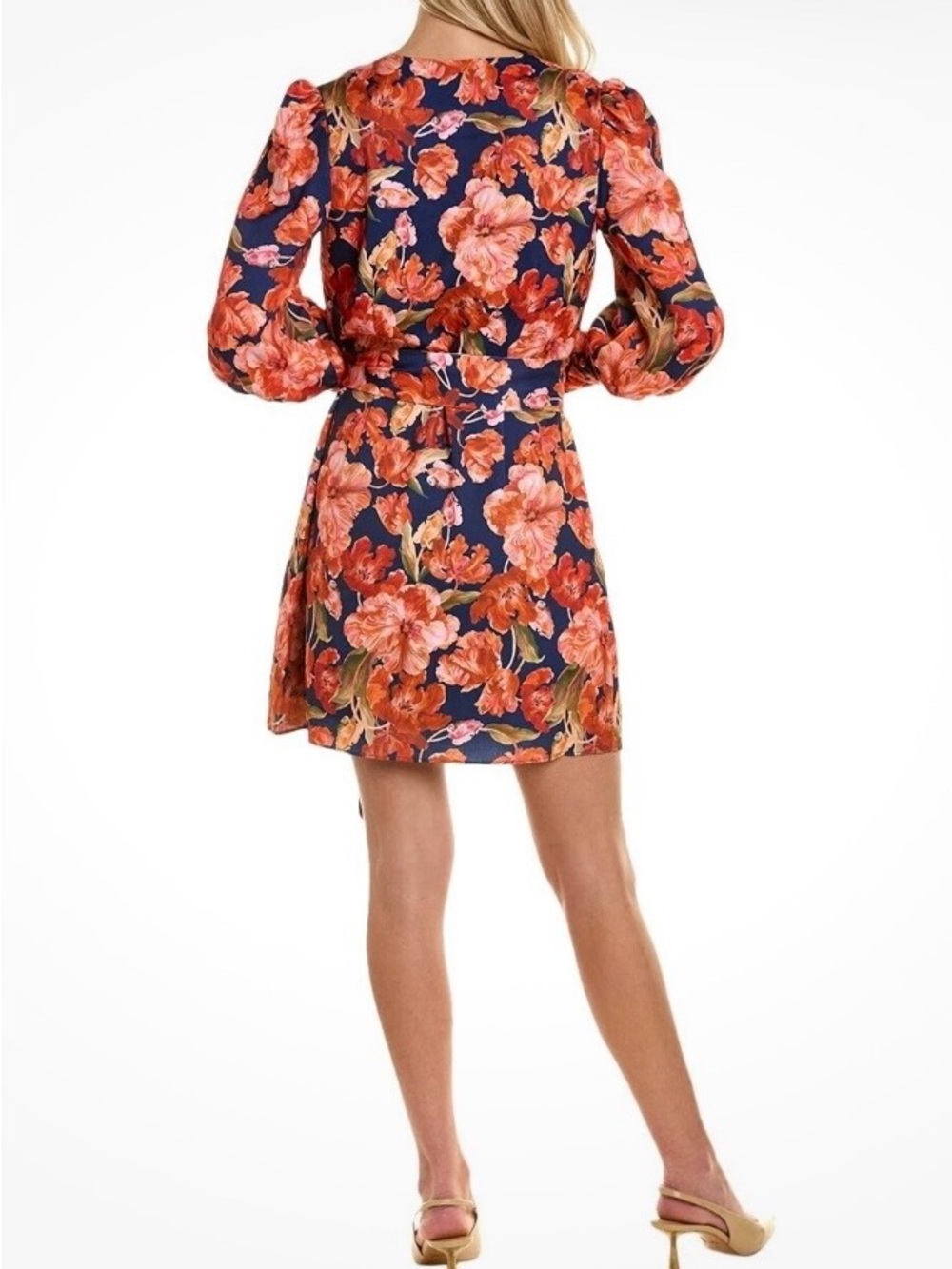 Navy Floral Puff-Sleeve Mini Dress with Coral Blooms